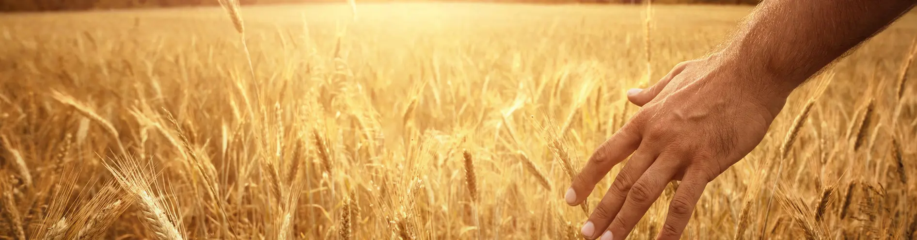 Hand brushing through wheatfield with the sun shining