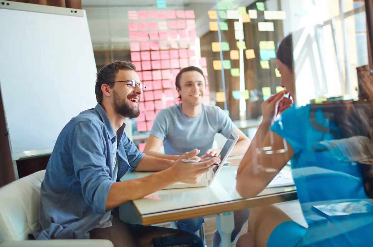 Meeting discussion through glass with reflection
